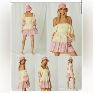 Jens Pirate Booty Smocked Coastline Mini Dress Medium‎ Sunset Yellow Striped